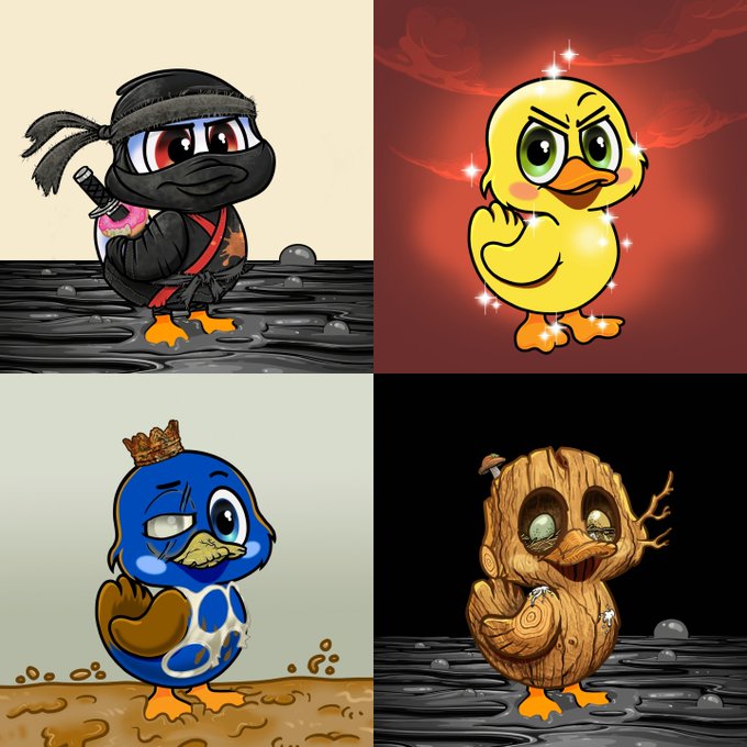 A four-panel illustration featuring stylized cartoon ducks designed as parodies of movie characters, including a ninja, a glowing yellow duck, a crowned blue duck, and a tree-textured duck.