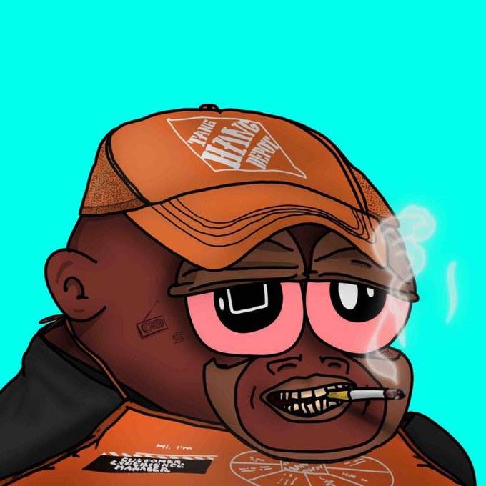 A cartoon illustration of a gorilla character with pinkish under-eyes, wearing an orange 'TANG HENG DEPOSIT' cap and orange shirt, smoking a cigarette with diamonds on his teeth against a turquoise background.