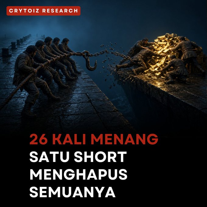A digital artwork or graphic labeled 'CRYTOIZ RESEARCH' at the top left, depicting men pulling a rope attached to a hook on one side while others on the other side gather gold bars, with the caption '26 KALI MENANG SATU SHORT MENGHAPUS SEMUANYA'.