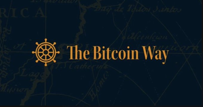 A logo for 'The Bitcoin Way' featuring a golden ship's wheel icon on a dark background with a faint vintage map design.
