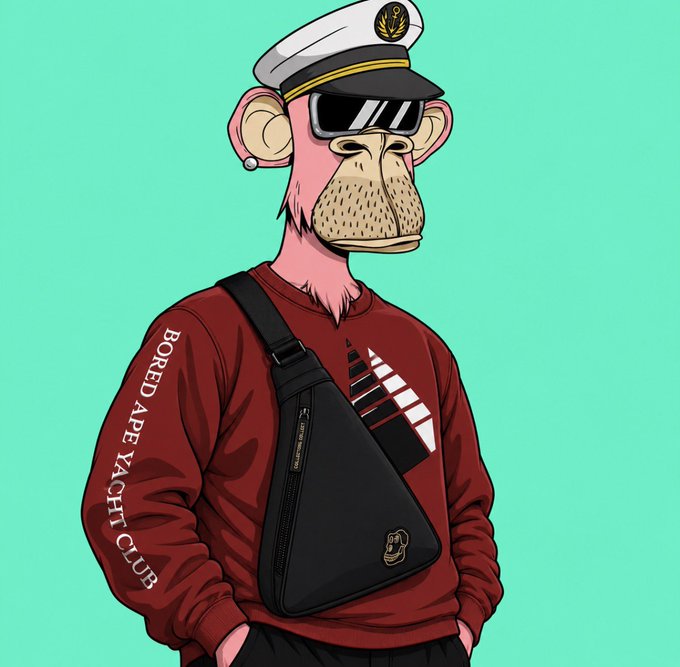 A cartoon illustration of a pink ape character with a beard, wearing a captain's hat, sunglasses, a red 'BORED APE YACHT CLUB' sweatshirt, and a black crossbody bag.