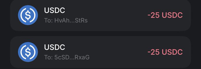 The image displays two USDC cryptocurrency transactions, each showing "-25 USDC" sent to recipients with truncated addresses (HvAh...StRs and 5cSD...RxaG), totaling $50. This visually confirms the post's announcement of distributing a combined $50 in USDC to @onyxwontstop and @wistin01 as part of the promised giveaway.