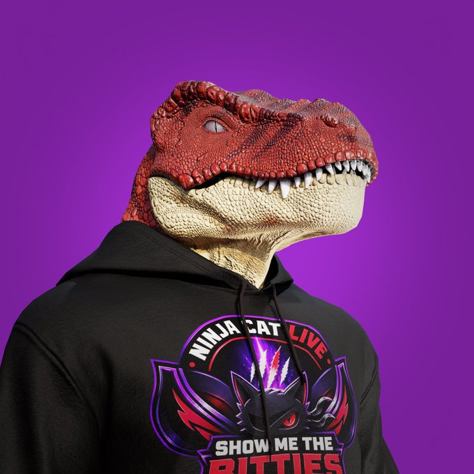 A digital illustration shows a figure wearing a dinosaur head mask and a black hoodie featuring a 'Ninja Cat Live - Show Me The Ritties' graphic against a purple background.