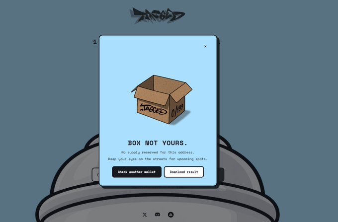 A digital interface from "ZAGGED" showing an empty cardboard box labeled "ZAGGED 01/025" with a message reading "BOX NOT YOURS. No supply reserved for this address" and buttons to "Check another wallet" or view "Download result."