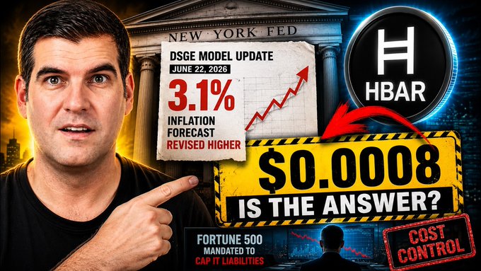 A man points toward a graphic displaying the New York Fed's DSGE Model Update showing a revised 3.1% inflation forecast, alongside prominent text reading "$0.0008 IS THE ANSWER?" next to the HBAR ticker logo, with a caption warning that a 3.1% inflation shock could push Fortune 500 companies toward Hedera's HBAR token. The thumbnail visually ties the looming inflation threat to HBAR as a potential cost-control solution for major corporations.