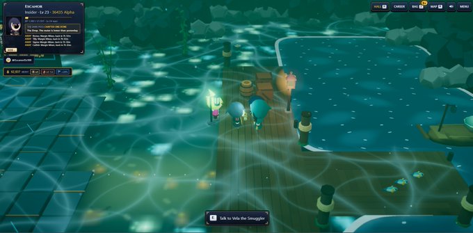A screenshot from a 3D cooperative game showing characters on a wooden dock at night in a misty water environment, with dialogue referencing 'Smuggler' and 'HomeBase Skipper' from Dungeonborne.