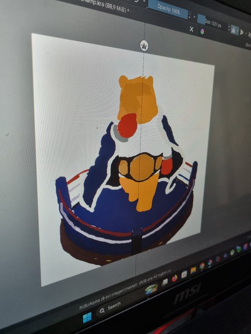 A painting in progress on a computer screen showing a figure in a red, white, and blue outfit sitting on a green base.