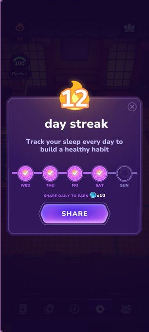 The image shows a phone screen with an app called "day streak" displayed, which tracks sleep patterns and suggests ways to improve sleep quality. The app has been fixed by Sleepagotchi, as indicated by the text "@quipnetwork is fixing the second".