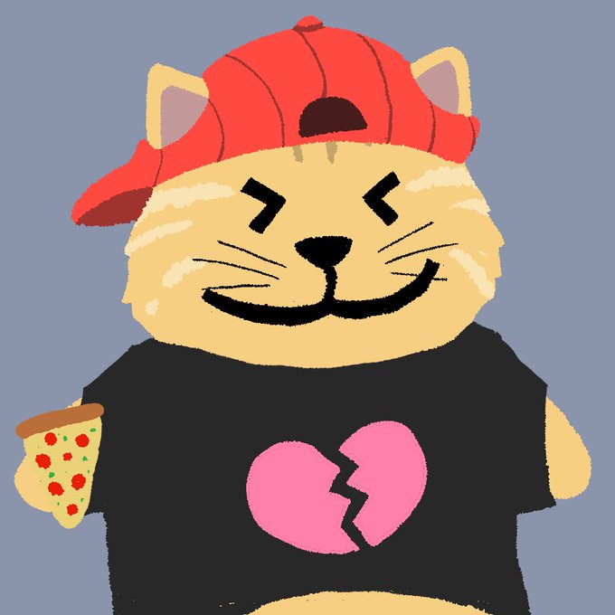 A cartoon illustration of a smiling cat wearing a red backwards cap and a black t-shirt with a broken pink heart, holding a slice of pizza.