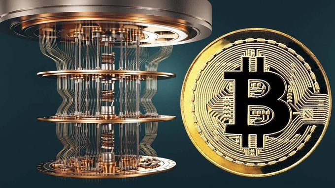 A digital illustration showing a golden Bitcoin coin next to a complex quantum computing device, symbolizing the intersection of cryptocurrency and quantum technology.