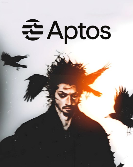 This visually striking image features the Aptos logo and a figure surrounded by birds, evoking a sense of movement and perhaps the "flight path" mentioned in the post. It directly relates to the accompanying text by highlighting Aptos and setting a thematic tone for the ecosystem news.