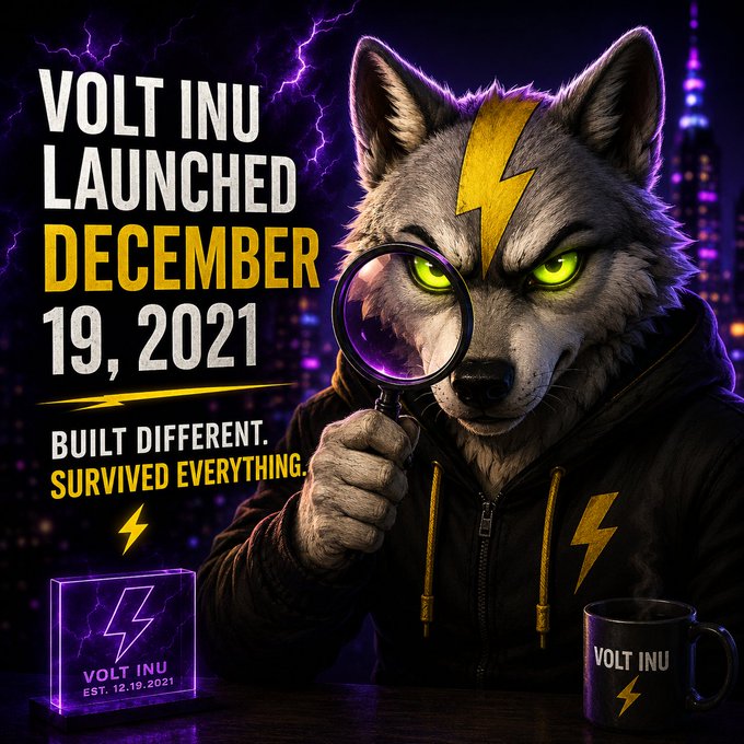 Promotional graphic featuring an anthropomorphic wolf with a yellow lightning bolt on its forehead holding a magnifying glass, with text reading "VOLT INU LAUNCHED DECEMBER 19, 2021", "BUILT DIFFERENT. SURVIVED EVERYTHING.", and "VOLT INU EST. 12.19.2021".