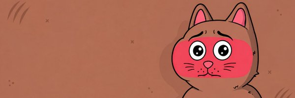 A cute cartoon cat character with a red face, large expressive eyes, and a slightly worried expression appears against a plain brown background.