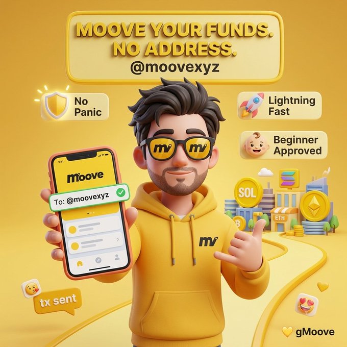 A promotional graphic for @moovexyz featuring a 3D cartoon character in a yellow hoodie, advertising 'MOOVE YOUR FUNDS, NO ADDRESS' with highlights like 'No Panic', 'Lightning Fast', and 'Beginner Approved'.