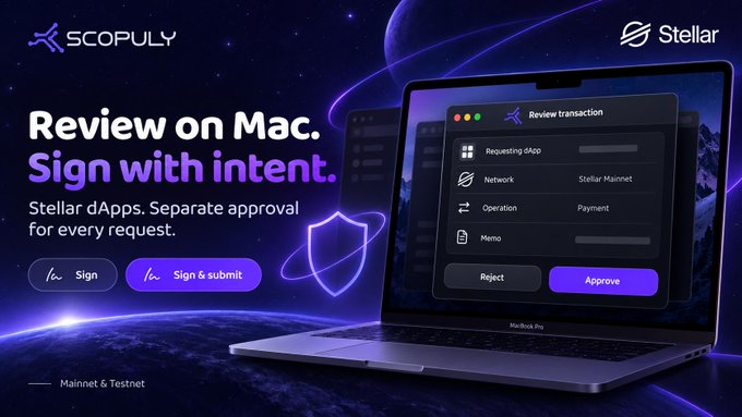 A promotional advertisement for Scopuly and Stellar titled 'Review on Mac. Sign with intent.' featuring a MacBook Pro displaying a transaction review interface with 'Reject' and 'Approve' buttons. The tagline reads 'Stellar dApps. Separate approval for every request.' with 'Mainnet & Testnet' noted at the bottom.