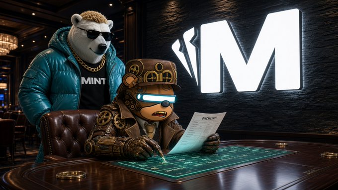 A digital illustration shows a bear wearing sunglasses and a gold chain next to a steampunk monkey in a casino setting, both near a glowing 'M' logo and a green betting table.
