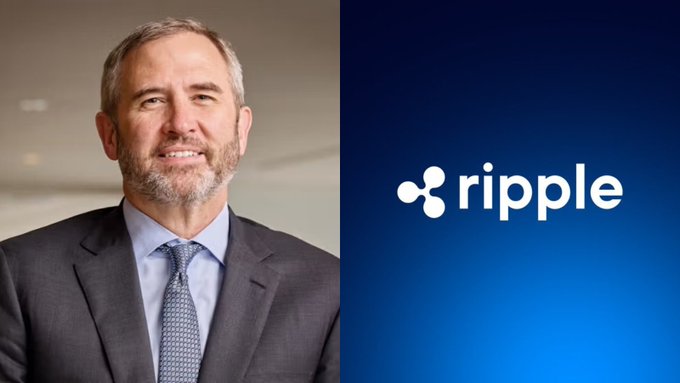 A professional headshot of a smiling man in a gray suit and blue tie appears alongside the white Ripple logo on a dark blue gradient background. The image accompanies a post clarifying the distinction between Ripple's $50 billion valuation and XRP, emphasizing that Ripple stock represents ownership in the company while $XRP represents ownership of the digital asset.