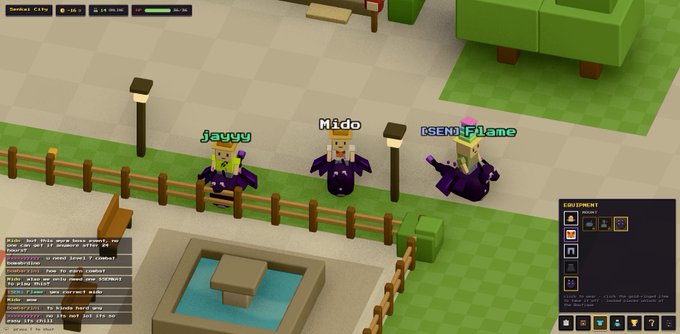 A blocky character with bat-like wings named "Mido" stands in a city plaza alongside two other players labeled "javvy" and "PSEN Flame," while a chat window and inventory panel are visible on screen. The image showcases gameplay from a RobinhoodApp mini-game called Rift Wyrm, highlighting the limited-edition event the user is playing with just 1 $SENKAI token.