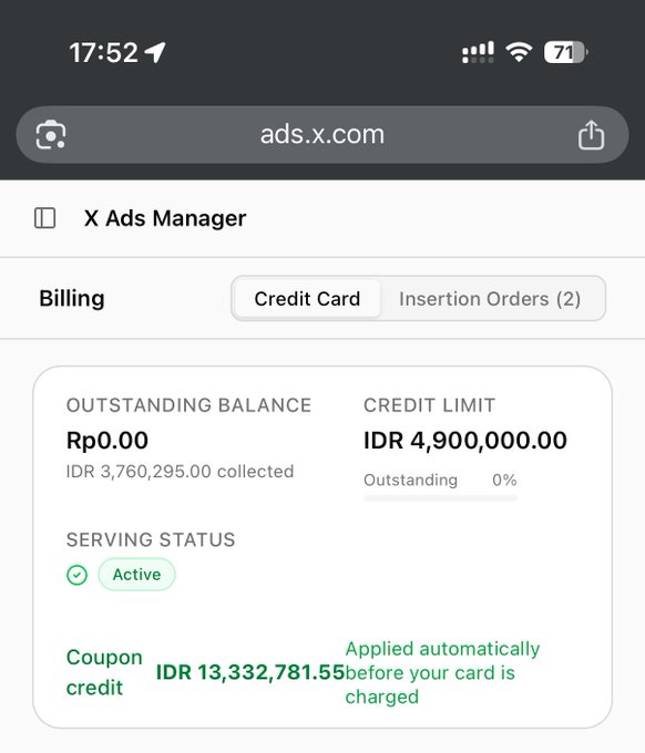 The image shows a phone screen displaying a message from an ads manager about a credit card application. The message includes details of the credit card application process, including the amount of money required for the credit card limit and the interest rate. The user's account balance is also shown in the message.