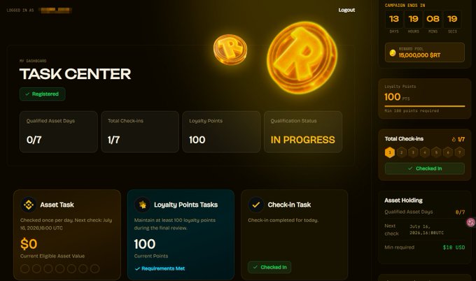 A 'TASK CENTER' dashboard for a crypto platform showing 100 loyalty points, 1/7 check-ins, and qualified asset days, with a 15,000,000 $RT airdrop pool.