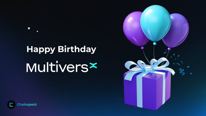 A 'Happy Birthday MultiversX' greeting card from Chainspect, featuring a purple gift box with balloons and confetti.