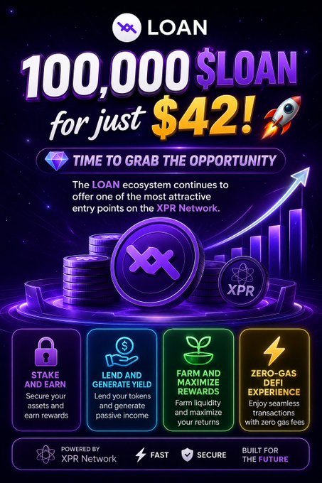 The image shows an advertisement for a lending platform with a rocket flying around as part of its design. The text on the poster emphasizes that users can earn rewards by investing, using their existing funds to invest or lend other people money at interest. The text also includes details about farming and maximizing returns in exchange for gas. The post's title is "100,000 $LOAN for just $42! Time to Grab the Opportunity".