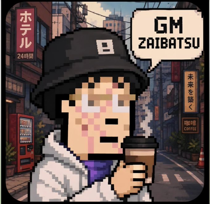 A pixel art illustration of a character wearing a black bucket hat and white hoodie holding a coffee cup, with a speech bubble reading 'GM ZAIBATSU' against a backdrop featuring signs for hotels and coffee shops in Japanese.