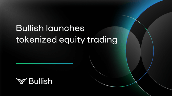 A promotional banner reading 'Bullish launches tokenized equity trading' featuring the Bullish logo and abstract circular designs on a black background.