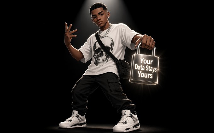 A young man in streetwear holds a glowing padlock emblazoned with "Your Data Stays Yours," visually reinforcing the message that privacy is a built-in foundation rather than an afterthought—aligning with @BeldexCoin's privacy-first philosophy.