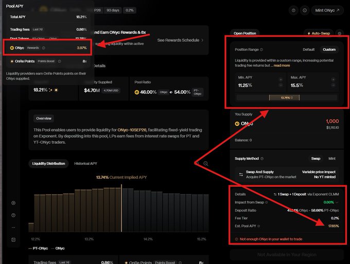 The image shows a screenshot of an investment dashboard for ExponentFinance, which includes information about various financial aspects and their respective risk levels. There are three red arrows in different parts of the screen that provide guidance or direction related to trading. The first arrow is located near the top left corner, indicating it is pointing at something on the upper left side. The second arrow is towards the center-left, suggesting a focus on a specific detail within a larger context. Finally, the third arrow is situated at the lower right corner of the screen, likely providing further information or instructions.
