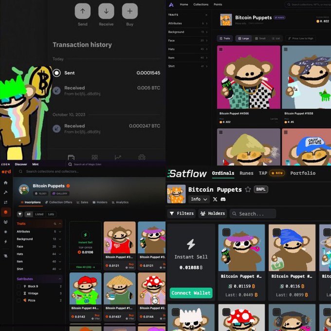 A collage of four screenshots showing cryptocurrency wallets and NFT marketplaces, including transaction histories and "Bitcoin Puppets" collections.