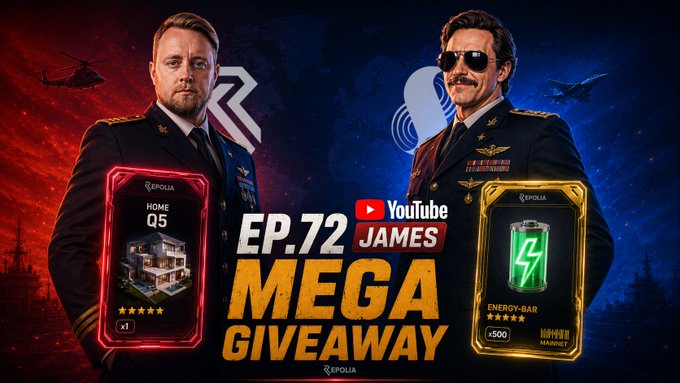 The image features two men dressed in military uniforms standing next to each other, both holding a cell phone. The background of the image shows a city skyline with buildings under a dark sky. In the foreground, there's text that reads "EP 72 mega giveaway" and "Repolia online giving away a whole BUNCH of in-game assets to 3 lucky winners: @Repoliaonline are giving away a whole BUNCH of !"