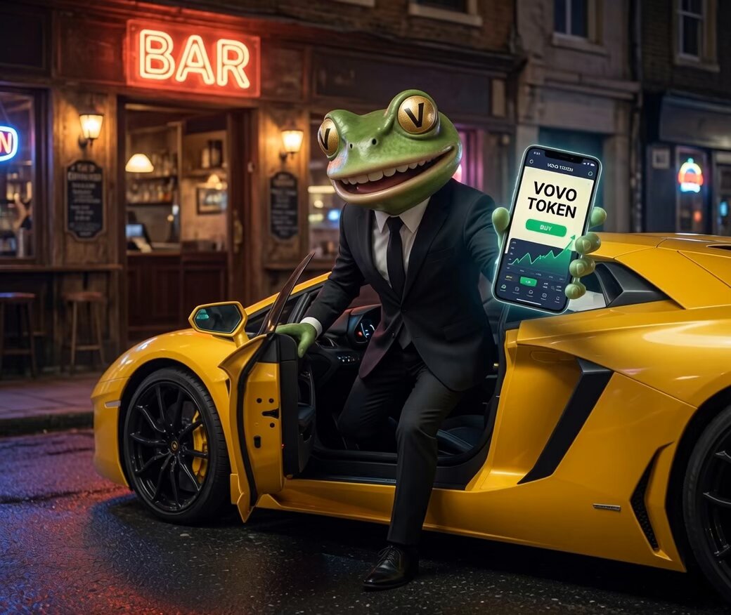 The image features a frog dressed as a businessman, sitting inside a yellow sports car with his arms outstretched. The frog is holding up a cell phone displaying a green "Vovo Tuko" app icon. The background of the image includes a neon sign that reads "Bar", and there are other signs in the scene, such as one for "Solana Hurry". The post also mentions buying the Vovo token to be among the first!