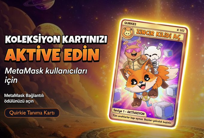 The image features an advertisement for Quirkies Collector Card, which is a rewards card for gamers. The card has a cartoon fox as its main character, and it is displayed against a backdrop of stars and planets. The text on the card reads "Koleksiyon Kartinizi çıkan çok maliyetli olmayan şeyleri mintlemeye devam edıyorum!" which translates to "A rewards card for gamers".