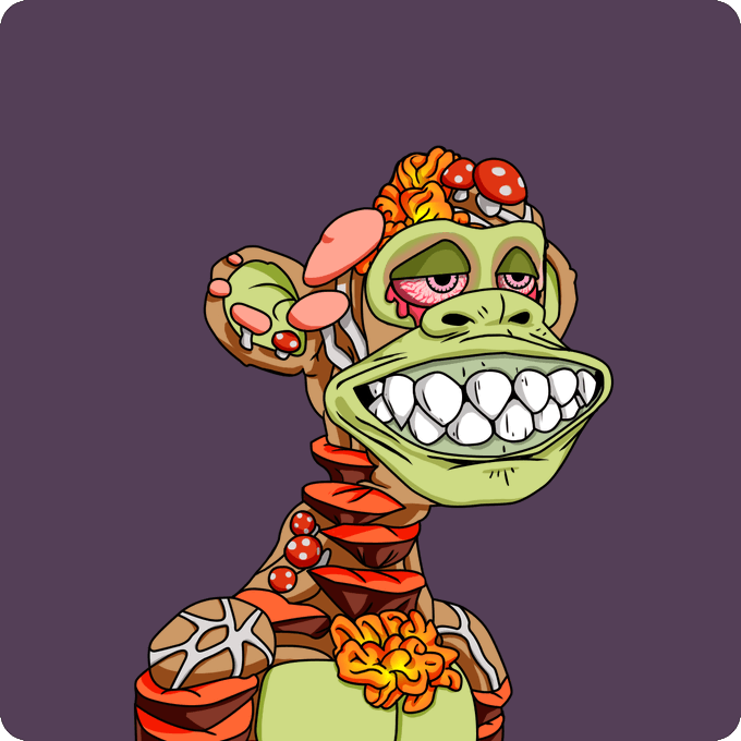 A cartoon illustration of a stylized green reptilian character with a large grinning mouth showing big teeth, wearing decorative mushrooms and flowers on its head.