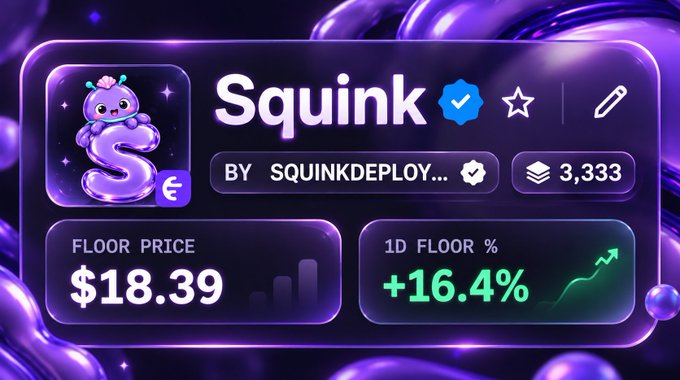 A digital token listing card for 'Squink' displays a floor price of $18.39 and a 1D floor percentage increase of +16.4% in green.