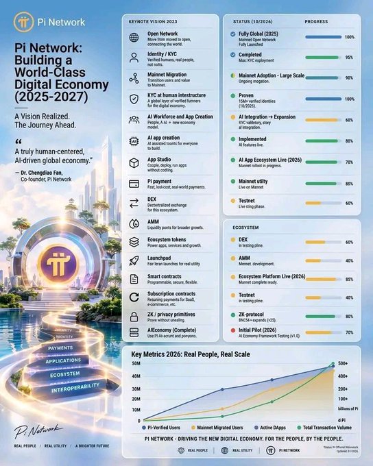 A Pi Network strategic roadmap infographic titled "Pi Network: Building a World-Class Digital Economy (2025-2027)," featuring a keynote vision from 2023 alongside a status update as of October 2026, with progress bars showing milestones like Fully Global (100%), Mainnet Migration - Large Scale (95%), Mainnet Utility (85%), and AI App Ecosystem Live (70%), plus a "Key Metrics 2026: Real People, Real Scale" chart tracking growth toward 50M users and 500+ AI Apps. The image visualizes the conceptual blueprint Chengdiao Fan presented at TOKEN2049, translating her architectural vision for an AI-driven, human-centered digital economy into measurable development milestones and adoption metrics.