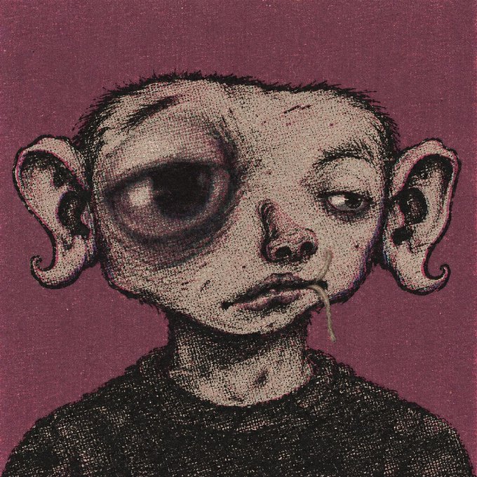 A creepy, textured illustration depicts a bald humanoid character with large ears, a bruised eye, a drool strand from its mouth, and another pointed ear in the background, all against a dark pink background.
