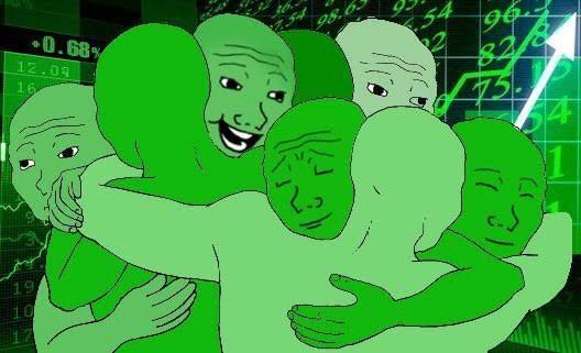 Several green "Wojak" meme characters embrace in a group hug, with stock market numbers and a rising line graph visible in the background, reflecting relief and excitement at a market recovery.

Visible text includes "+0.68," "12.08," "16," and various numerical figures like "93.54," "96.3," "82.1," and "75.4," alongside a green upward-trending arrow that symbolizes the bullish price rebound referenced in the caption's mention of BTC hitting $78K and SOL at $92.