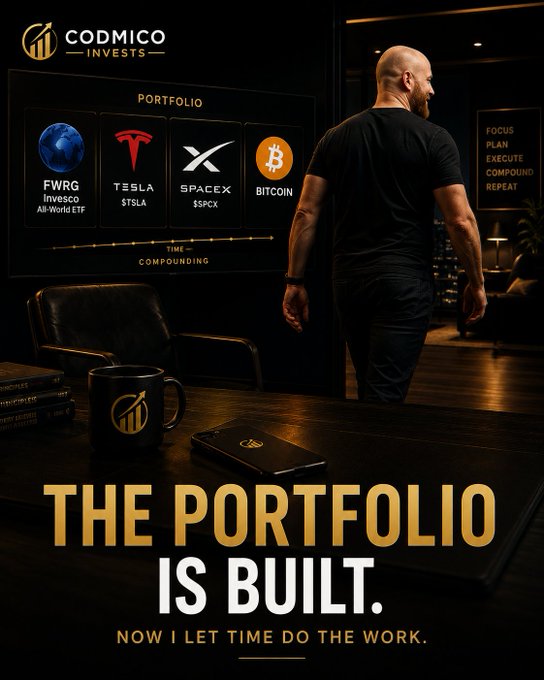 A promotional image for 'CODMICO INVESTS' showing a man's portfolio with FWRG (Invesco AI-World ETF), Tesla ($TSLA), SpaceX ($SPCX), and Bitcoin, with the tagline 'THE PORTFOLIO IS BUILT. NOW I LET TIME DO THE WORK.'