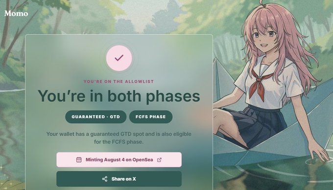 A webpage notification with an anime girl illustration on the right confirms 'YOU'RE ON THE ALLOWLIST' and 'You're in both phases' for 'GUARANTEED · GTD' and 'FCFS PHASE', with a 'Momo' watermark.