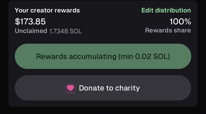 A screenshot of the Pump Fun creator rewards interface shows "Your creator rewards" totaling $173.85 with 1.7348 SOL unclaimed and a 100% rewards share, while a green bar indicates rewards are still accumulating (minimum 0.02 SOL). This corresponds to the post's observation about the "Niggabutt" token unexpectedly accruing creator rewards, with options visible to edit distribution or donate to charity.