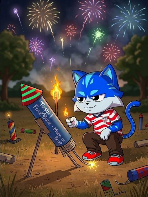 A cartoon cat character lighting fireworks with a rocket labeled 'Toshi FaceBase - Moon or Bust' against a sky filled with colorful fireworks.