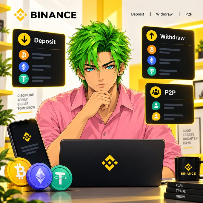 An anime-style illustration of a green-haired man using a laptop with the Binance logo, surrounded by 'Deposit', 'Withdraw', and 'P2P' panels alongside Bitcoin, Ethereum, and Tether coin graphics.