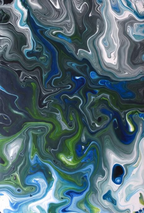 The image features a painting with a unique blend of blue, green, white, and black colors that create an abstract pattern resembling water or ocean waves. The artwork appears to be a digital art piece, possibly created using a computer program like Photoshop. The artist has used various brushstrokes and techniques to achieve the desired effect, making it visually captivating and intriguing.
