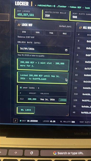 A MacBook screen displays the locker.fi interface showing 432,217,111 WIF locked across 210 wallets, with a specific transaction locking 200,000 WIF ($600 worth) until Sep 16, 2026. The image illustrates the post's message of community members combining their $WIF token locks to earn a guaranteed whitelist (WL) mint slot.
