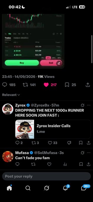 A TikTok-style mobile screenshot shows a crypto trading interface for 'Holdem' with a post by user @Zyrox0x advertising 'Zyrox Insider Calls' at t.me.