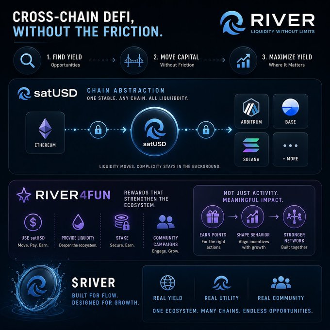 RIVER protocol infographic titled 'CROSS-CHAIN DEFI, WITHOUT THE FRICTION' showing satUSD chain abstraction across Ethereum, Arbitrum, Base, and Solana, plus River4Fun rewards features.