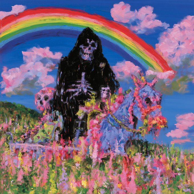 A vibrant painting of a black grim reaper figure standing in a field of pink and green flowers, with a rainbow arching across a blue sky filled with pink clouds.