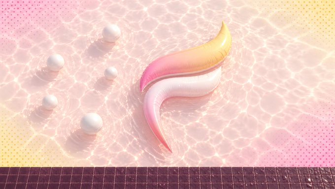 A colorful inflatable pool float in pink, white, and yellow swirls rests in shallow water alongside several white balls at a pool's edge.